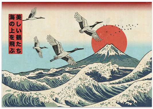 Flying Cranes Over Mount Fuji