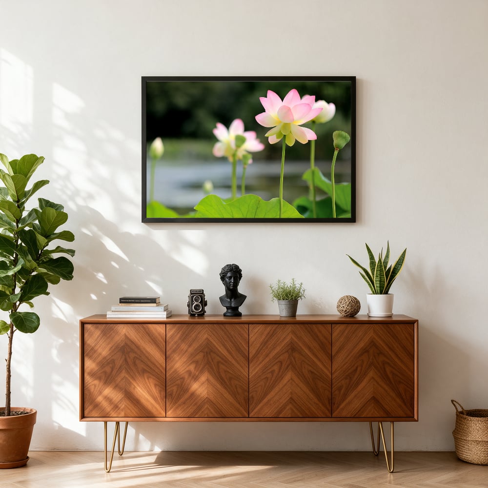 Blushing Pink Lotus Flowers — Living Room Landscape mockup