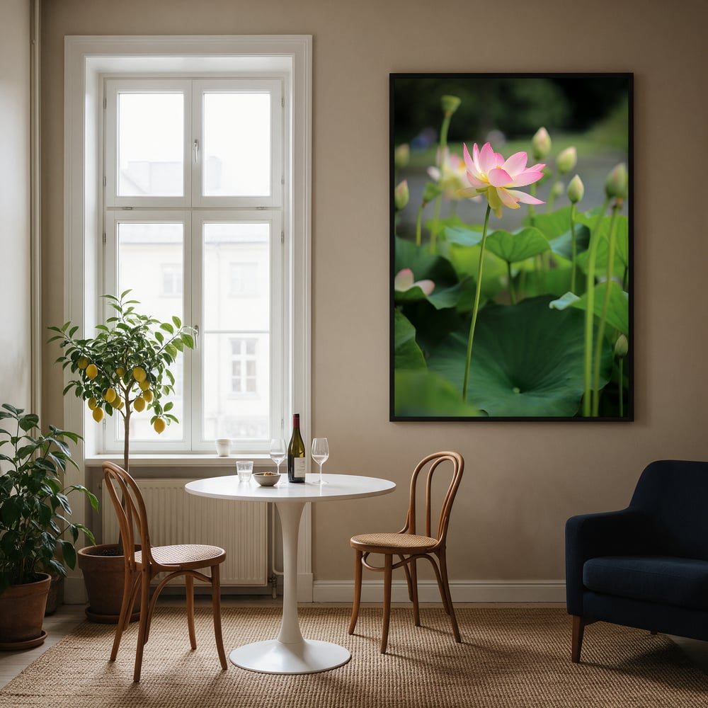 Soft Pink Lotus Above Green Leaves — Dining nook Portrait