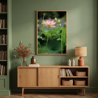 Soft Pink Lotus Above Green Leaves — Living room Portrait