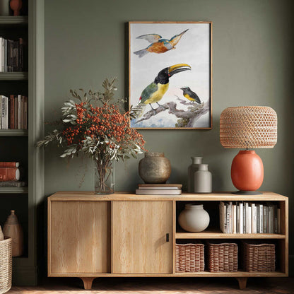 Three Birds  a Kingfisher, a Prince Von Wied's Toucan and an Sparrow