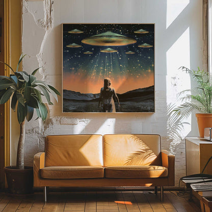 A Woman Standing Beneath a UFO