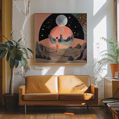 A Woman in a Desert Landscape with Cosmic Elements
