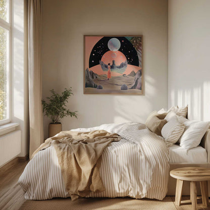 A Woman in a Desert Landscape with Cosmic Elements
