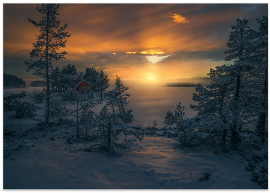 Snowy Cabin Golden Hour