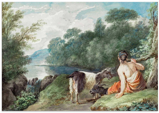 Shepherdess With Goats In a Landscape With a Lake
