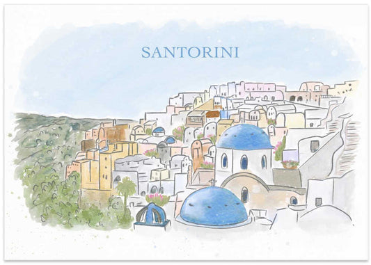 Santorini Blue Domes Watercolor
